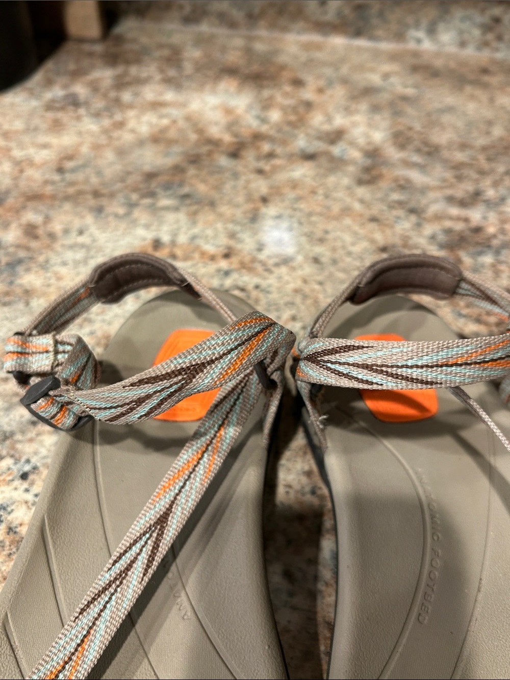 TEVA Women’s 8 Zirra Outdoor Slim Strappy Sandals in Tan w/Orange, brown Accents - Picture 8 of 10